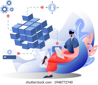 Strategy Marketing flat illustration, the concept of a man analyzing products on a smartphone, perfect for landing pages, templates, UI, web, mobile app, posters, banners, flyers. vector