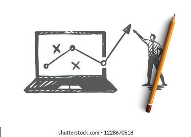 Strategy, marketing, graph, diagram, arrow concept. Hand drawn manager reports about progress concept sketch. Isolated vector illustration.