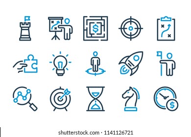 Strategy and Marketing related line icon set. Buiness Idea and Problem solution vector linear icon set