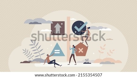 Strategy matrix and simple company or product SWOT analysis tiny person concept. Opportunities, threats, weaknesses and strength chart with potential evaluation vector illustration. Planning model.