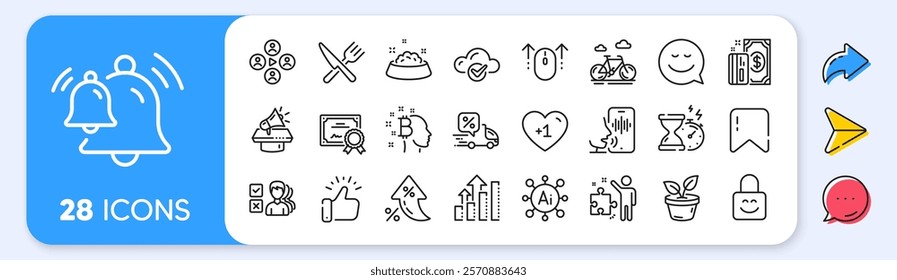 Strategy, Megaphone and Certificate line icons. Interest rate, AI generate, Inflation icons. Pack of Payment, Lock, Video conference icon. Bell, Opinion, Analysis graph pictogram. Vector