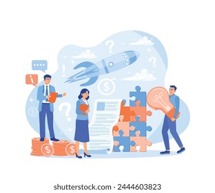 Strategy, motivation, and successful leadership. The business team is planning a new business strategy for success. Project Management concept. Flat vector illustration.