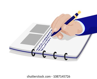 Strategy notes businessman hand vector banner isolated on white background, pretty notebook with round clips, human fingers business suit illustration
