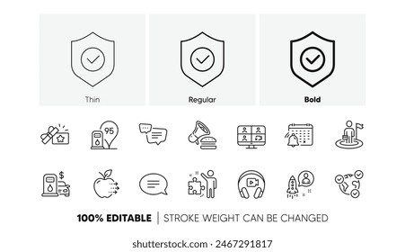 Strategy, Notification calendar and Online voting line icons. Pack of Leadership, Loyalty gift, Security shield icon. Burger, Startup, Filling station pictogram. Text message. Line icons. Vector