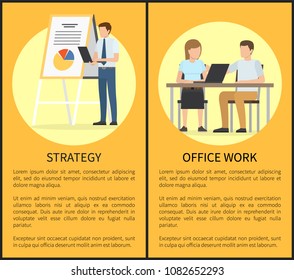 Strategy and office work set, posters collection, presenter with report paper, people sitting by table looking at laptop, vector illustration banners