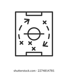 Estrategia en el campo de fútbol, icono lineal, en la flecha del campo atlético. Línea con trazo editable