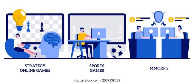 Strategy online games, sports games, MMORPG concept with tiny people. Internet and video gamers streaming vector illustration set. Cybersport tournament, modern entertainment and pastime metaphor.