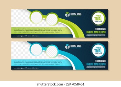 strategy online marketing horizontal webpage banner design template. combination of green and blue gradient colors. space photo collage. transparency dot circle halftone pattern. abstract modern style