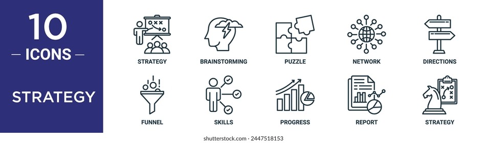 conjunto de iconos de esquema de estrategia incluye estrategia de línea fina, lluvia de ideas, rompecabezas, red, direcciones, embudo, iconos de habilidades para informe, presentación, diagrama, Diseño web