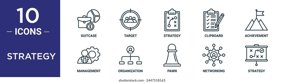 strategy outline icon set includes thin line suitcase, target, strategy, clipboard, achievement, management, organization icons for report, presentation, diagram, web design