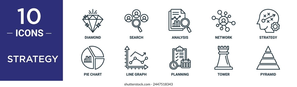 strategy outline icon set includes thin line diamond, search, analysis, network, strategy, pie chart, line graph icons for report, presentation, diagram, web design