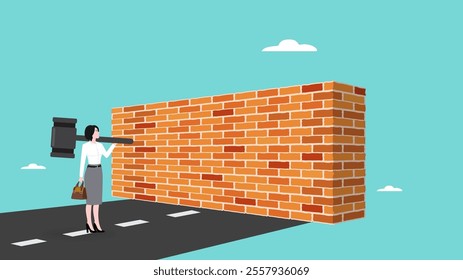 strategy to overcome business obstacles, Determined male employee break brick wall. achievement way for success, businessman breaking the wall with big hammer strive for business achievement