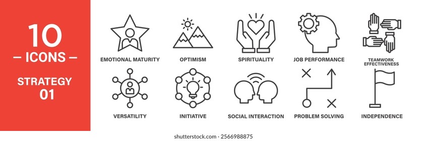 Strategy and Personal Development Icon Set: 10 Editable Vector Icons Highlighting Emotional Maturity, Problem Solving, and Teamwork.