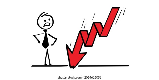 Strategy plan, candle stick. Drawing Businessman with economy crisis concept. Cartoon, comic business stickman. Office worker manager.  Vector down arrow graph symbol. Decreased icon. Target