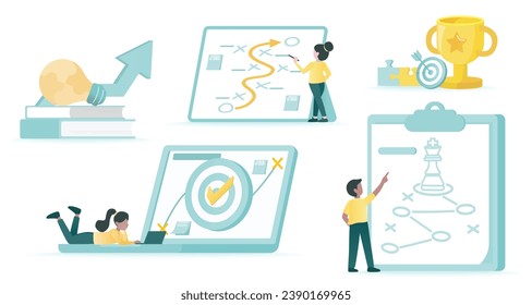 Conjunto de recopilación del plan de estrategia. Los empresarios hacen planificación táctica, establecimiento de objetivos, camino al éxito, objetivo, competencia y oportunidad. Ilustración de diseño de vector plano.