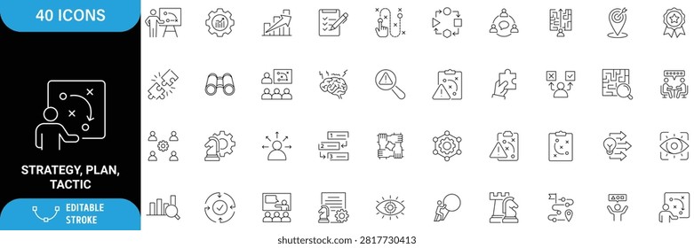Strategy, Plan and Tactic Icon Set. Containing Business Strategy, Planning, Goal, Target, Roadmap, Leadership, Project Management, Vision, Success and more. Editable stroke. Vector illustration