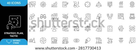 Strategy, Plan and Tactic Icon Set. Containing Business Strategy, Planning, Goal, Target, Roadmap, Leadership, Project Management, Vision, Success and more. Editable stroke. Vector illustration