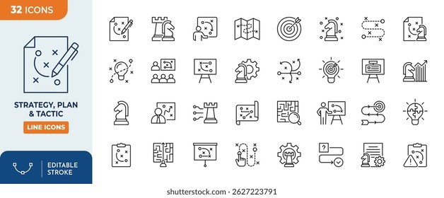 Strategy, plan, tactic line editable icon set. Editable stroke. Vector illustration	
