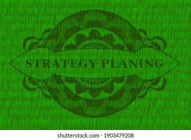 STRATEGY PLANING text inside green turf grass realistic badge. Eco delicate background. Intense illustration. 