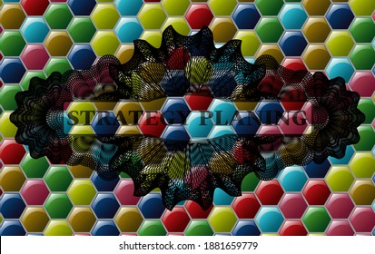 STRATEGY PLANING text inside Linear currency Colorful multicolored emblem.Hexagon handsome background. Intense illustration. 