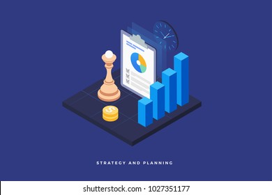 Strategy and planning, analyzing project, financial report and successful business development. Chess piece on the board, infographic, money and clock. 3d isometric flat design. Vector illustration.