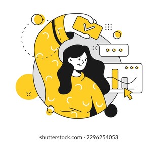 Strategy and planning for business development and improvement. Isolated employee with charts and data from company. Vector woman and done mark in flat cartoon illustration