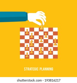 Strategy planning concept. Man playing chess and try to find strategic position. Flat design.