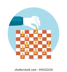 Strategy planning concept. Man playing chess and try to find strategic position. Flat design.