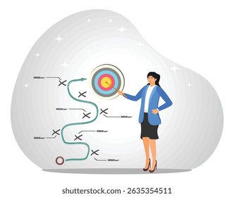 Conceito, método ou tática de planejamento de estratégia para alcançar a meta de negócios. Empresária apresenta plano estratégico para o sucesso.