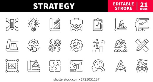 Conjunto de ícones de linha editável de estratégia e planejamento. negócios e desenvolvimento
