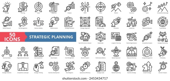 Symbol-Kollektion für Strategieplanung festgelegt. Enthaltene Entscheidungsfindung , Ziele, Ziele, Analyse, SWOT, Vision, Mission Icon. Einfache Vektorgrafik.