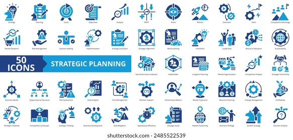 Conjunto de colecciones de iconos de planificación estratégica. Conteniendo la toma de decisiones , metas, objetivos, análisis, FODA, visión, icono de misión. Sencillo Vector plano.