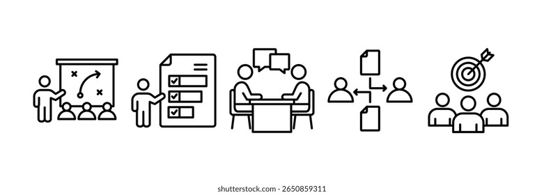Strategy Planning Icon Set Multiple Style Collection, Containing design Project Discussion, Workflow Optimization, Team Goals,  Task Prioritization