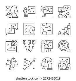 Strategy And Planning Icons Set. Building A Strategy, A Plan To Achieve The Desired Goal. Making Decisions, Choosing The Best Option, Linear Icon Collection. Line With Editable Stroke