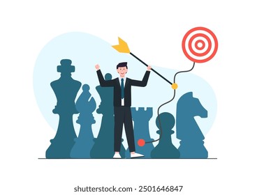 Strategy planning, importance of planning and strategy. growing to achieve target of strategic growth, marketing analysis and management, Man aiming arrow into target.