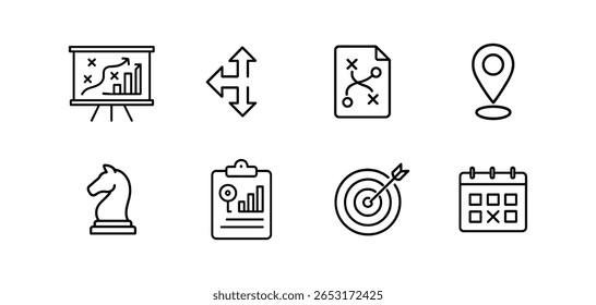 Conjunto de iconos de línea de estrategia y planificación: colección de iconos de negocio, mapa y destino