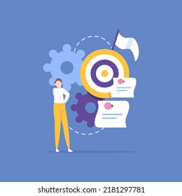 estrategia y planificación. administrar un proyecto. objetivos y metas de gestión. un empresario o gerente piensa y hace la tarea. negocios y trabajo. diseño de concepto de ilustración. poste, banner, página de inicio