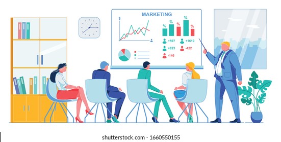 Strategy Planning and Marketing Meeting, Slide. Company Employees Sit Facing Interactive Whiteboard and Listen to Speaker. Overweight Man Suit Presents Marketing Results. Vector Illustration.