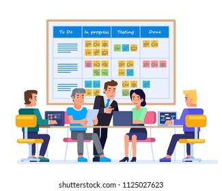Strategy planning meeting. Team working together on a big IT startup business. Scrum task board hanging in a team room full of tasks on sticky note cards. Flat  vector illustration.