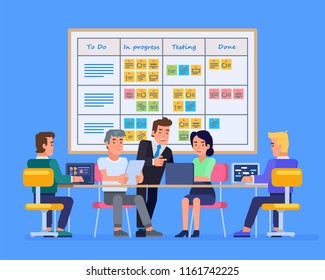 Strategy planning meeting. Team working together on a big IT startup business. Scrum task board hanging in a team room full of tasks on sticky note cards. Flat  vector illustration.