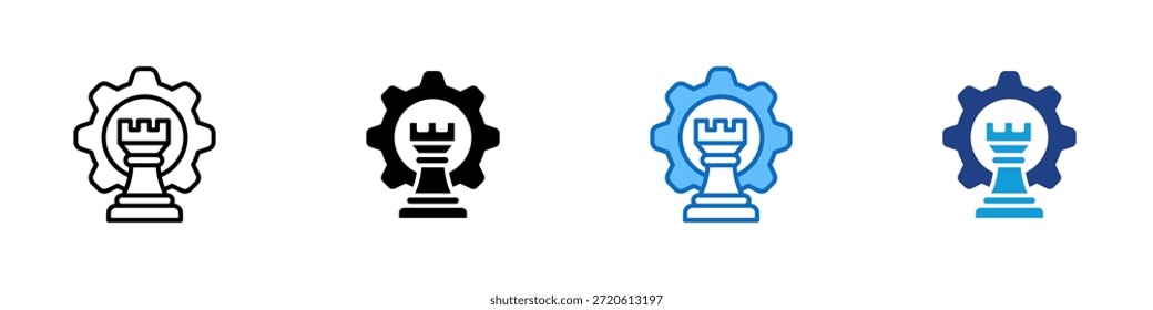 Vector de diseño de íconos de estilo múltiple: torre de ajedrez dentro de un engranaje que simboliza el pensamiento estratégico y la planificación comercial táctica