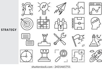 Strategy , Planning steps in doing business to reach work goals. ,Set of line icons for business ,Outline symbol collection.,Vector illustration. Editable stroke