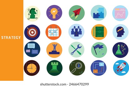 Strategy , Planning steps in doing business to reach work goals. ,Set of icons for business ,Icon symbol collection.,Vector illustration.