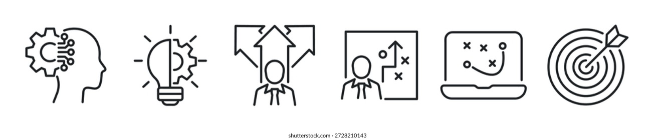 Conjunto de iconos de línea delgada de estrategia y planificación. Iconos mínimos de Web