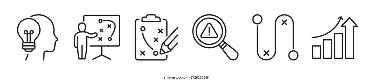 Conjunto de iconos de línea delgada de estrategia y planificación. Iconos mínimos de Web