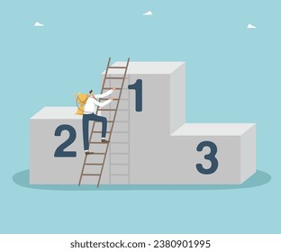 Strategy or planning way to beat competitor and get reward, creativity and hard work to achieve high results, successfully achieve goals and prosper business, man with trophy climbs stairs to pedestal