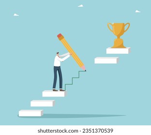 Estrategia o planeamiento de la manera de ganar competidor y recibir premios, creatividad y trabajo duro para lograr altos resultados, logro exitoso de objetivos y prosperidad de negocios, el hombre traza pasos para ganar la copa.