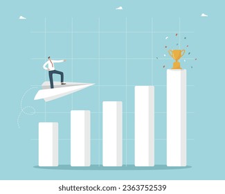 Strategy or planning way to win competitor and receive award, creativity and hard work to achieve high results, successful achievement of goals and prosperity, man flies on paper plane to winning cup.