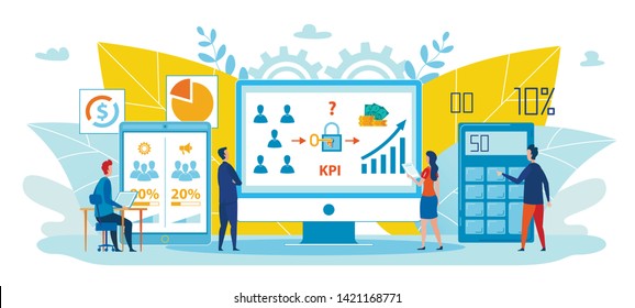 Strategy Poster Performance Calculation Cartoon. On Computer Screen Calculation Peoples Performance. Counting Productivity Work. People are Watching Counting Process. Vector Illustration.