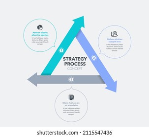 Strategy proces concept with three stages and place for your description. Flat infographic design template for website or presentation.